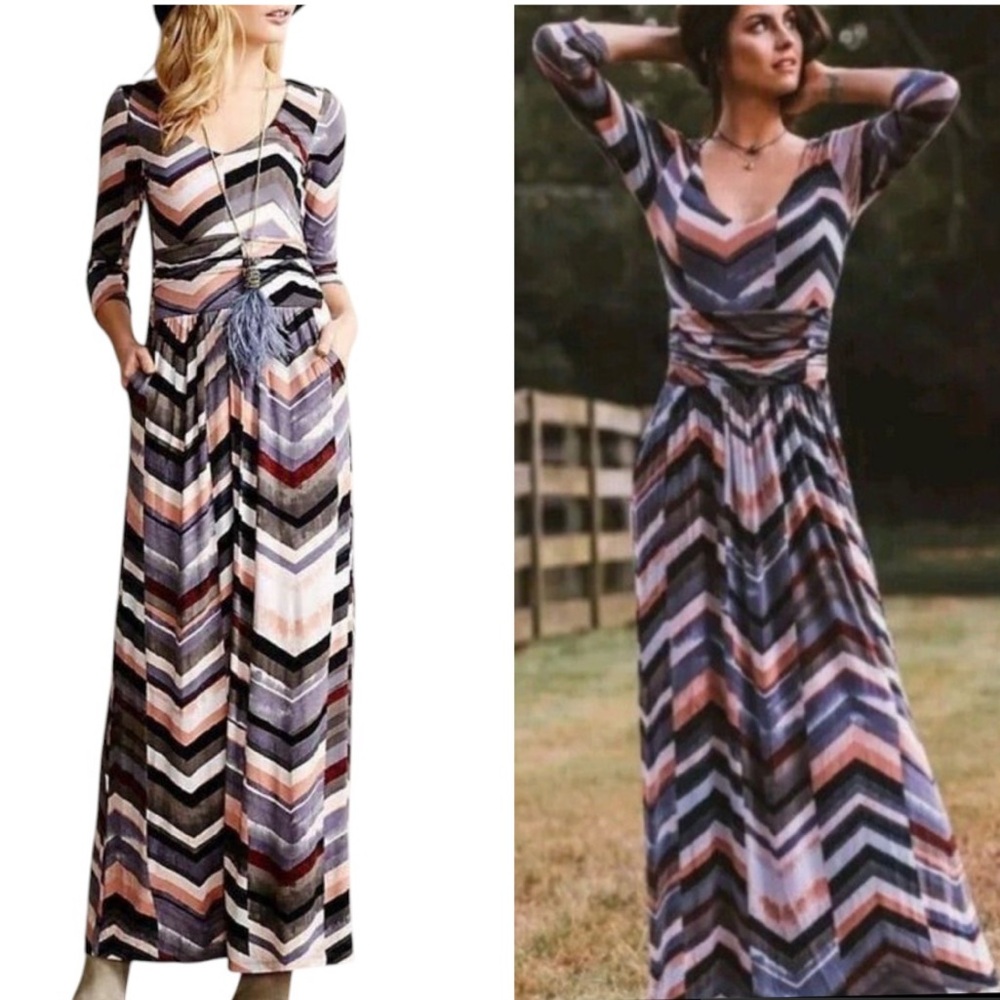 Anthropologie Maeve Novella Chevron Print Jersey Knit Maxi Dress - XS